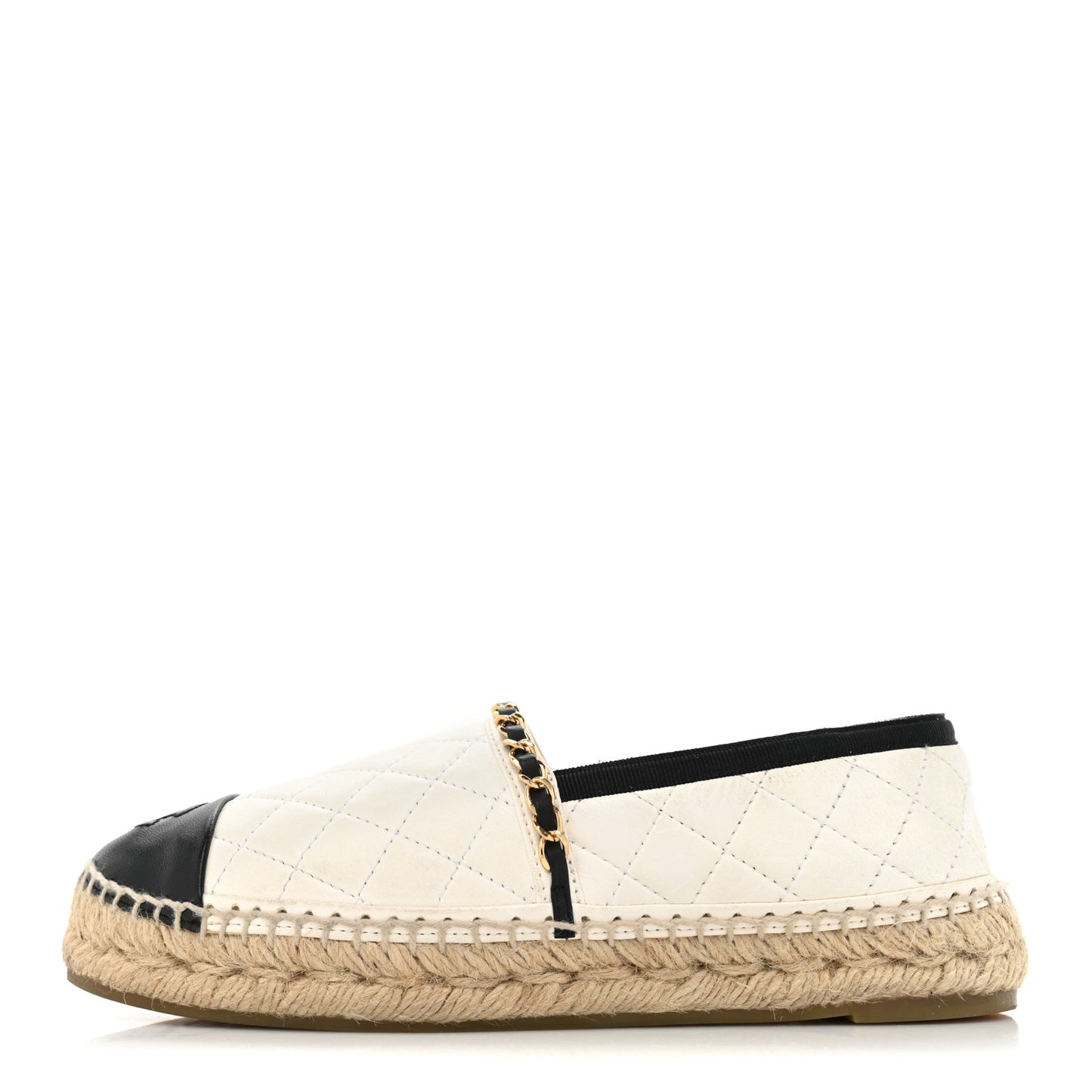 Lambskin Grosgrain Quilted CC Chain Espadrilles 37 White Black