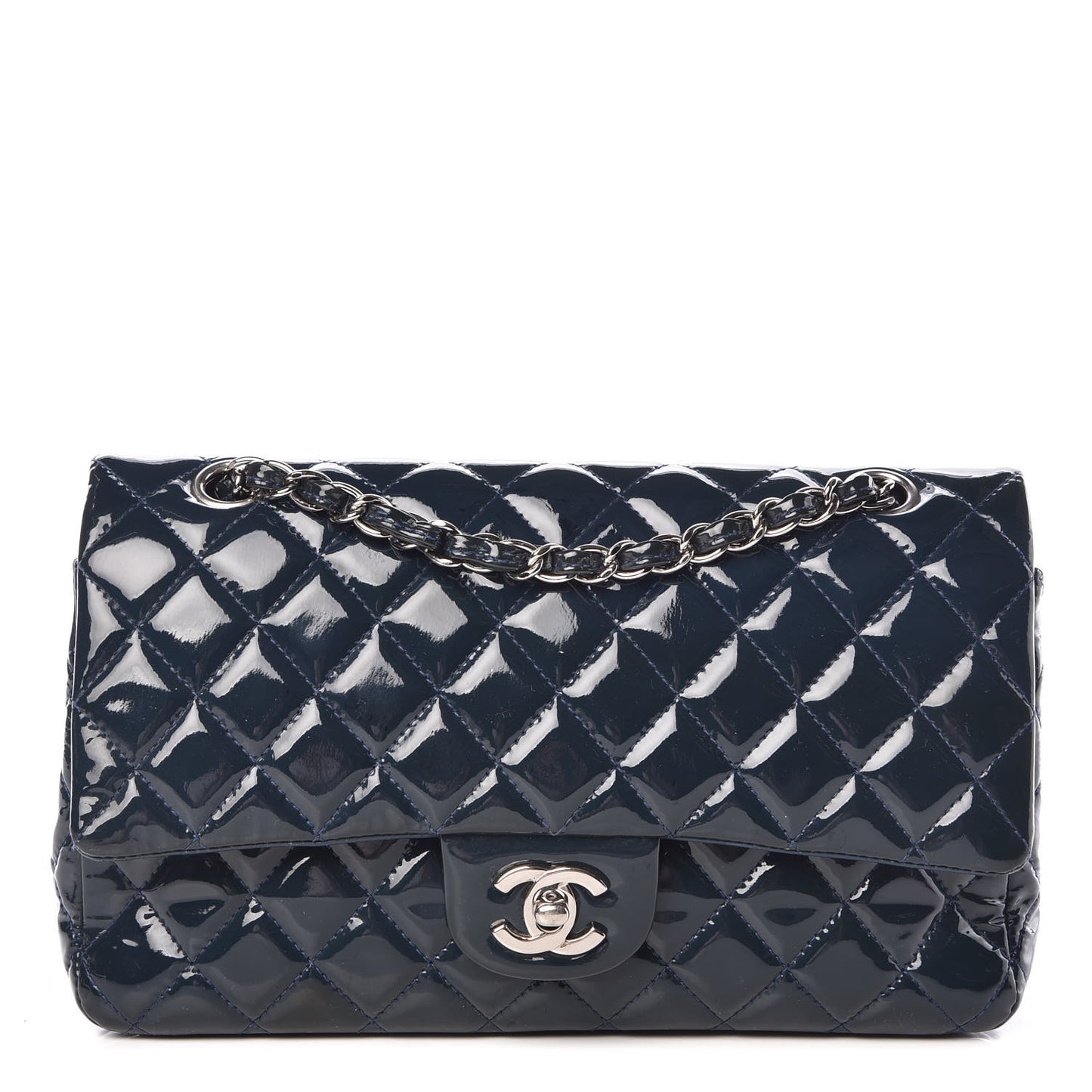 Patent Quilted Medium Double Flap Navy