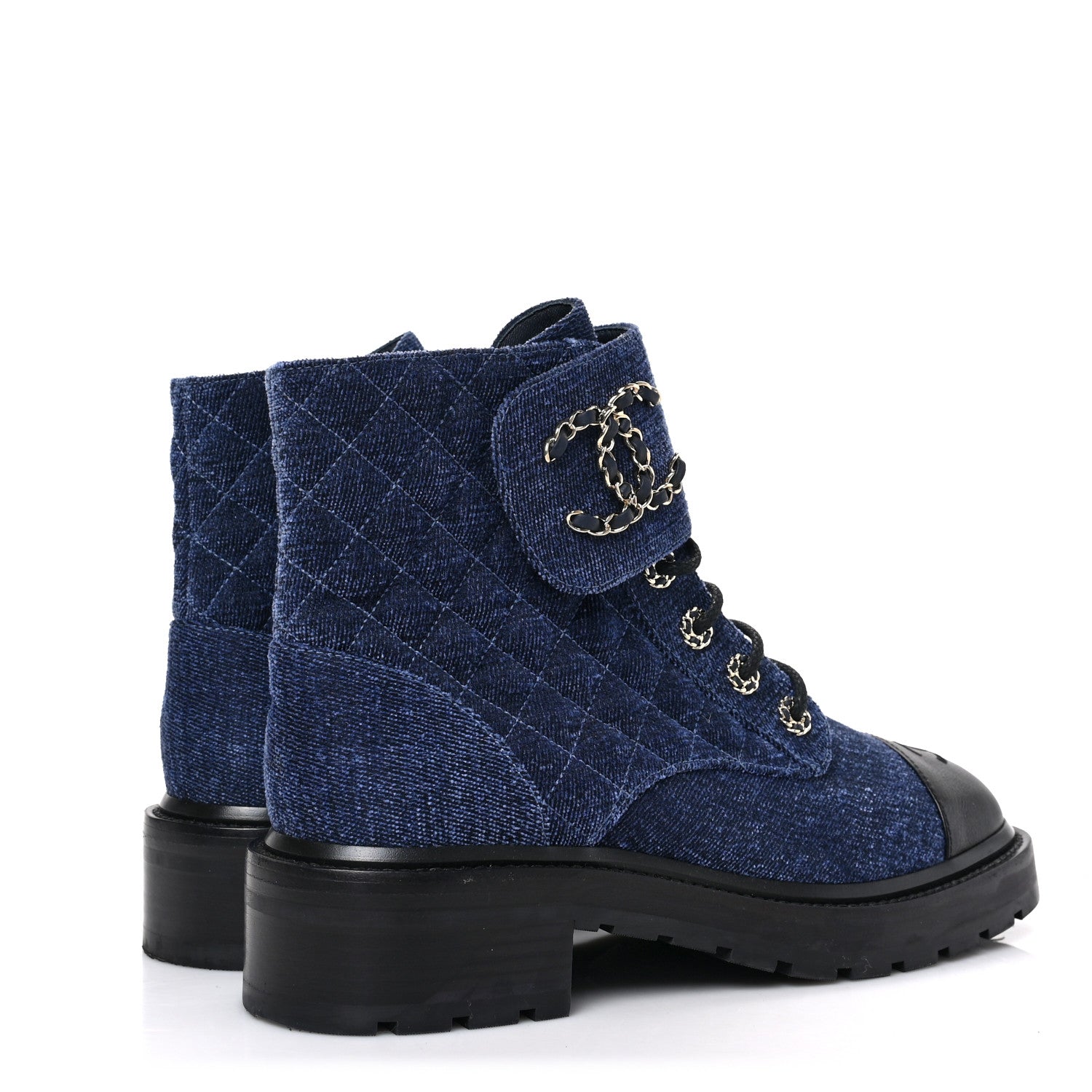 Chanel Denim Calfskin Quilted Lace Up Combat Boots 40 Blue 4 of 6