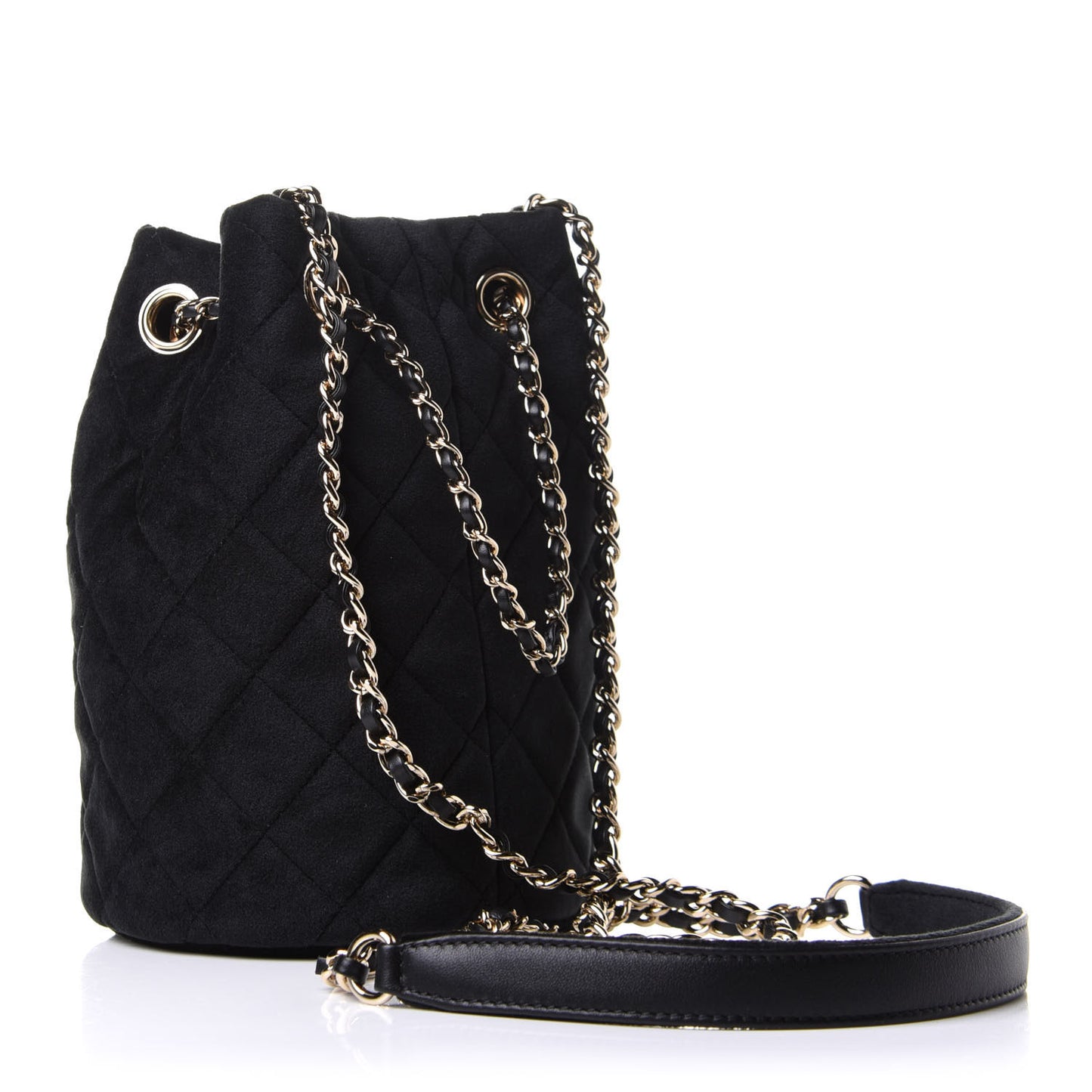 Velvet Quilted Pearl Crush Drawstring Bag Black