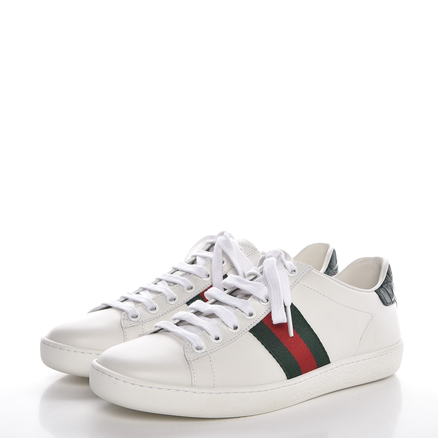 Gucci Calfskin Crocodile Web Ace Sneakers 35.5 White Green 3 of 10
