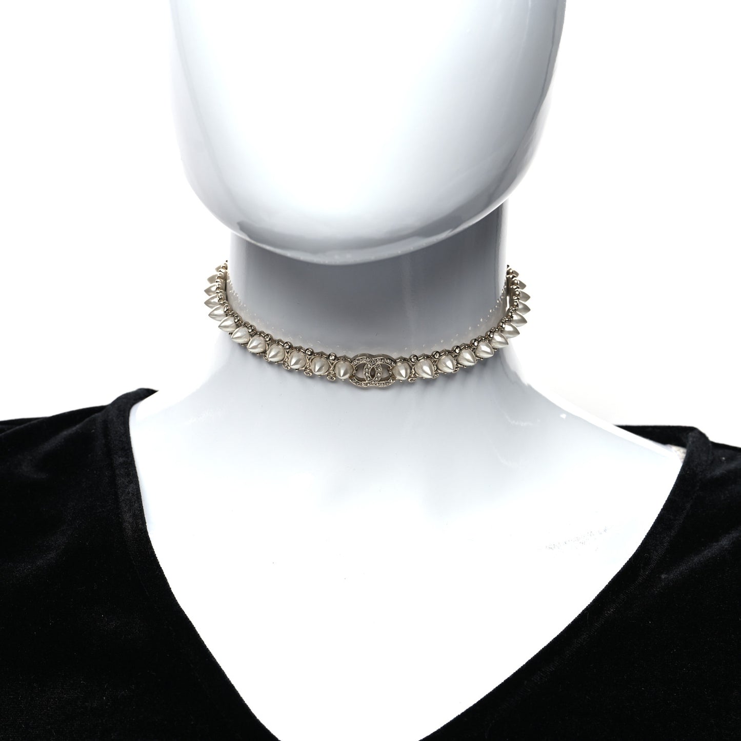 Strass Crystal Studded Pearl CC Choker Necklace Gold Pearly White
