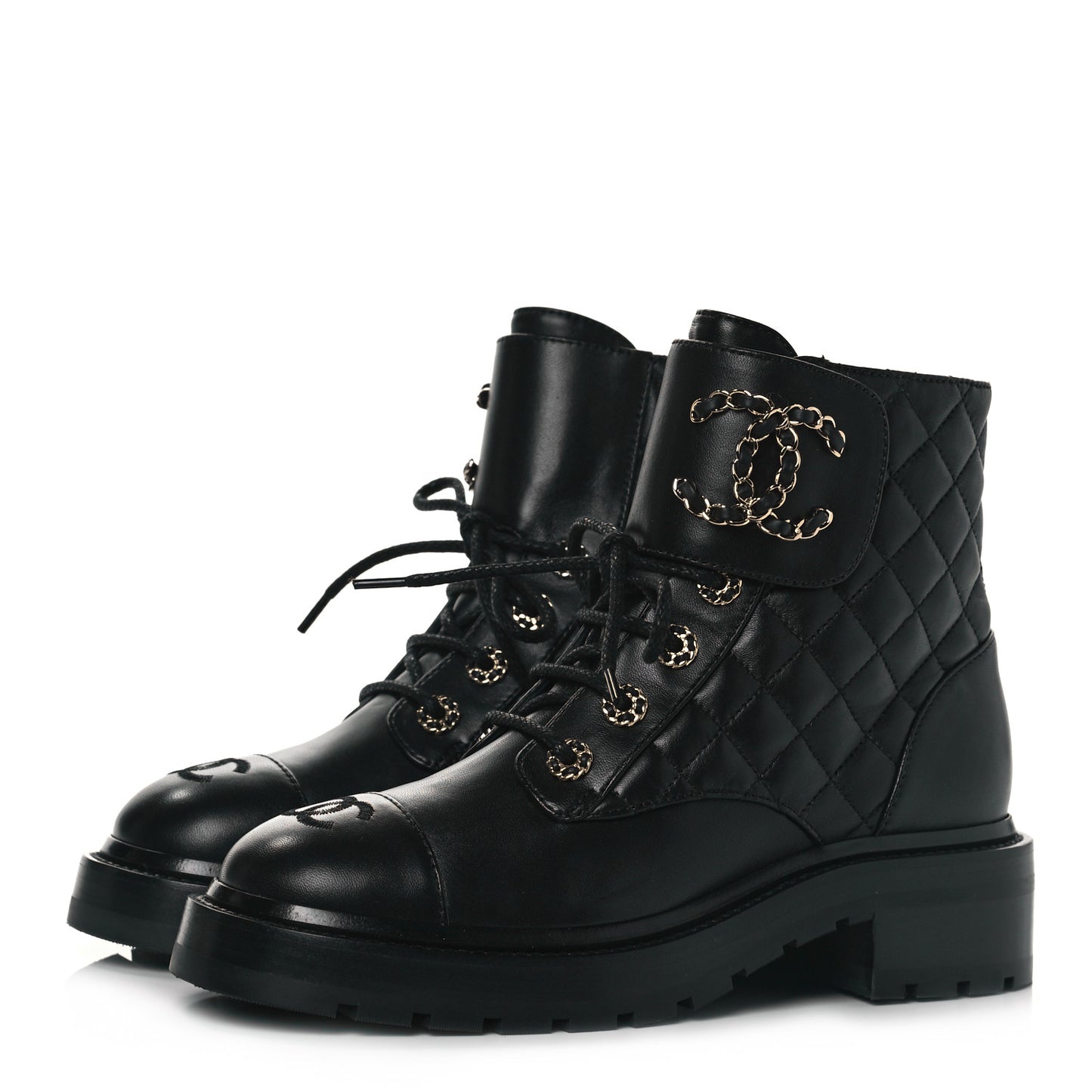 Shiny Lambskin Quilted Lace Up Combat Boots 37 Black