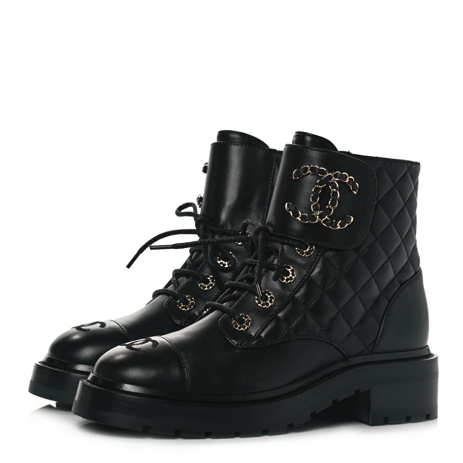 Chanel Shiny Lambskin Quilted Lace Up Combat Boots 37 Black 3 of 7