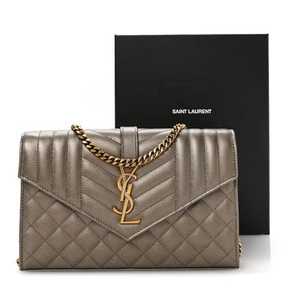 Saint Laurent Metallic Grain De Poudre Mixed Matelasse Triquilt Monogram Chain Wallet Piombo 11 of 11