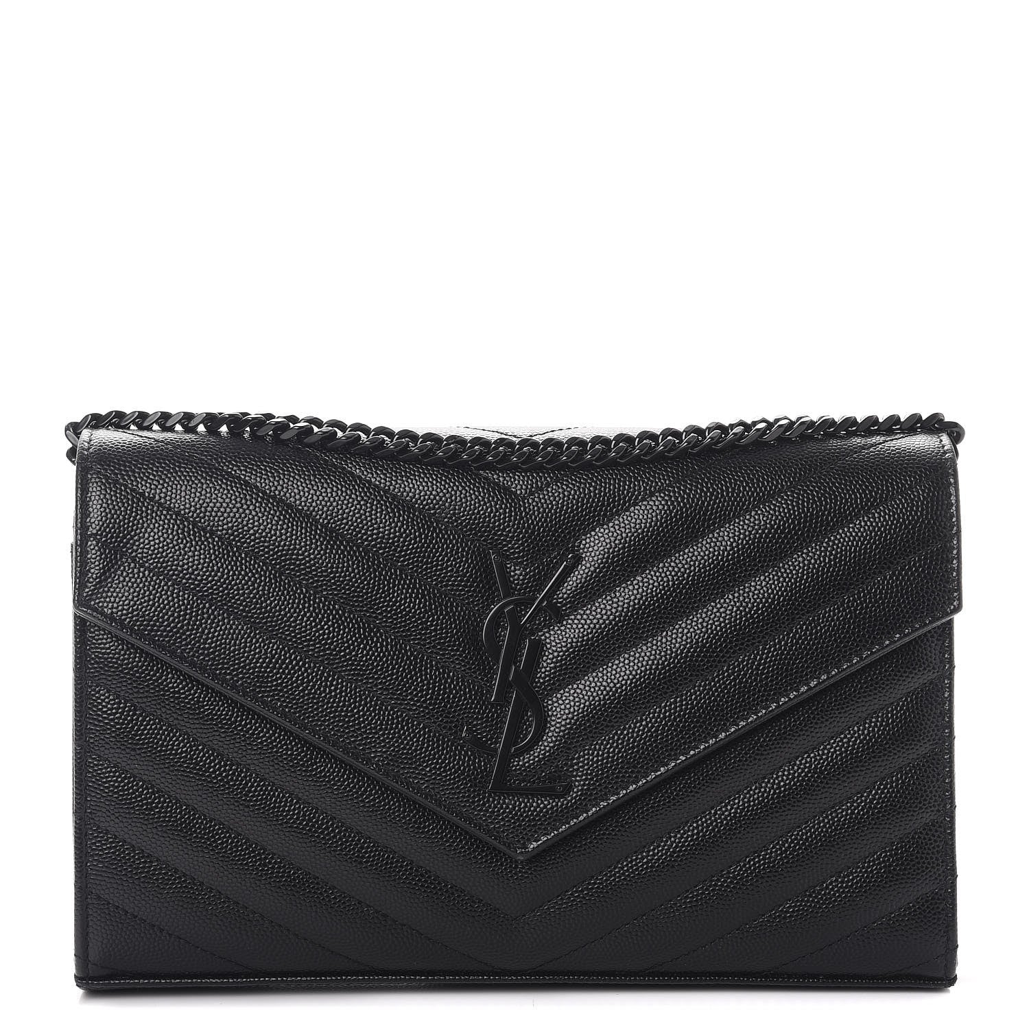 Saint Laurent Grain De Poudre Matelasse Chevron Monogram Chain Wallet Black 1 of 8