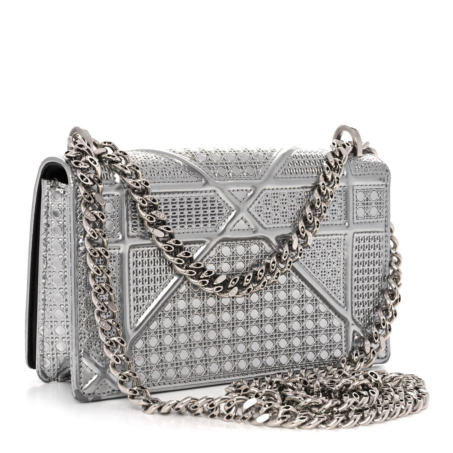 Metallic Patent Micro-Cannage Mini Diorama Flap Bag Silver