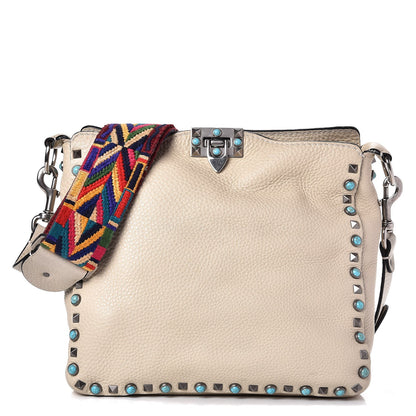 Valentino Garavani Pebbled Calfskin Tribal Small Guitar Strap Rockstud Rolling Flip-Lock Messenger Bag Ivory 1 of 16