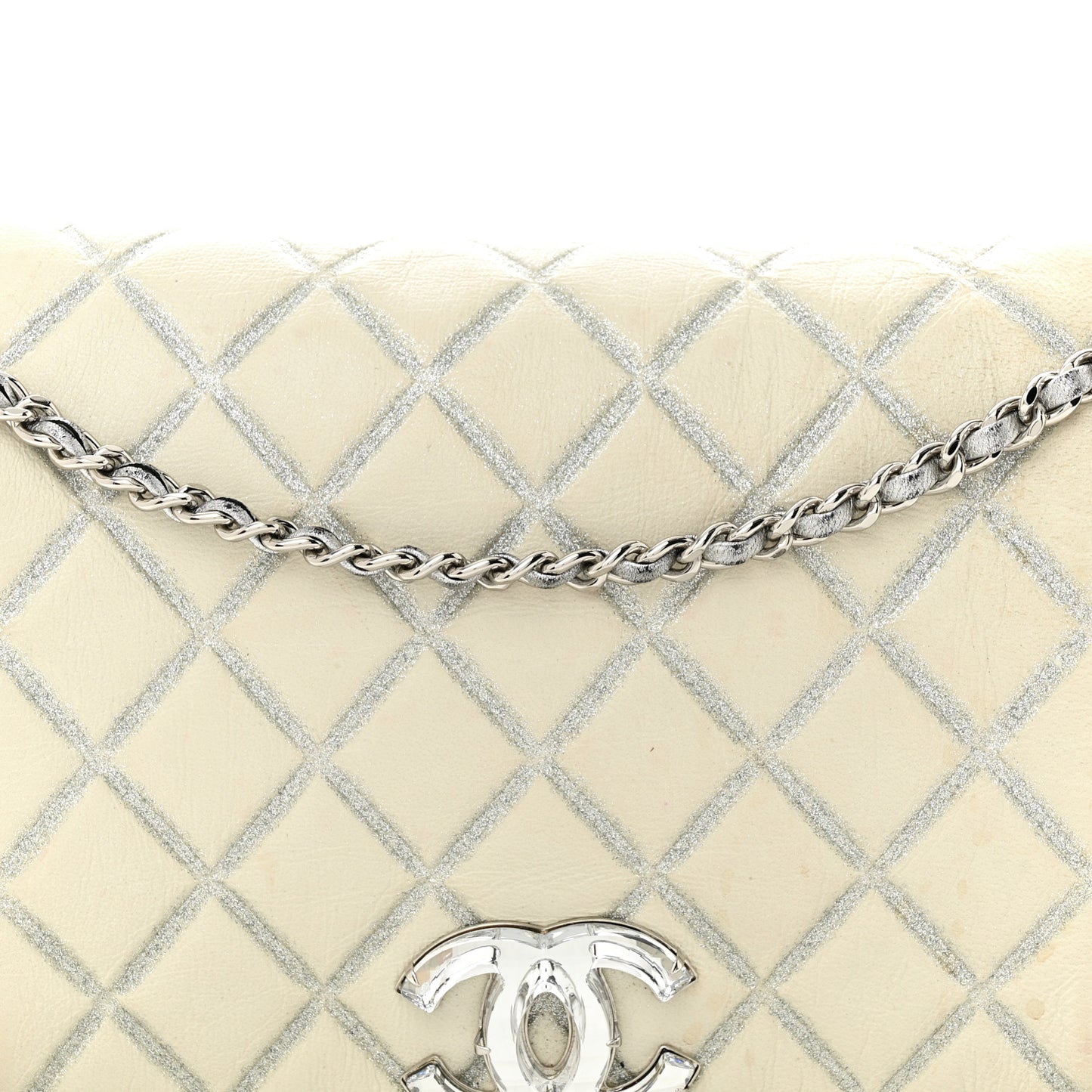 Metallic Distressed Lambskin Quilted CC Flap Ivory