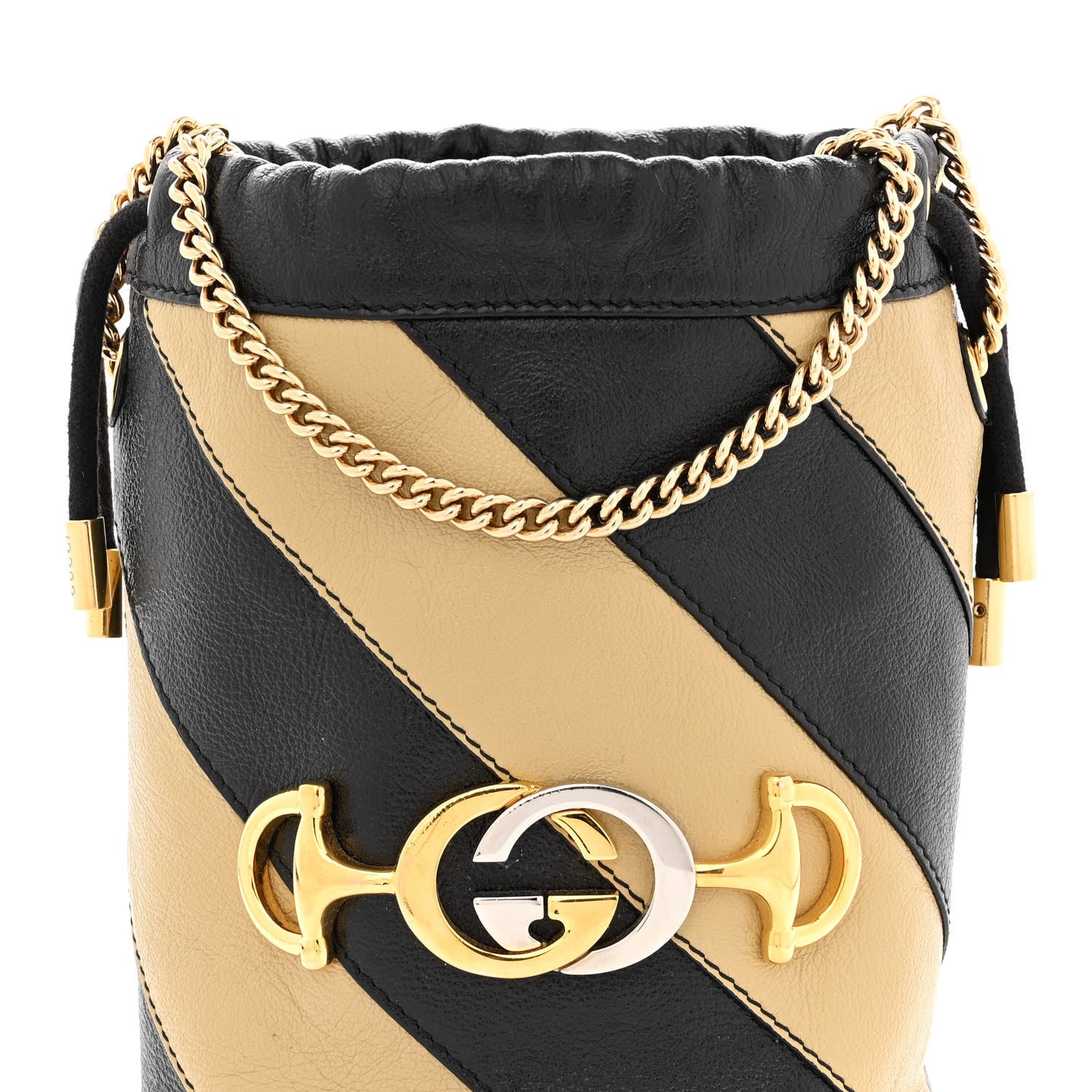 Gucci Calfskin Diagonal Striped Mini Zumi Bucket Bag Black Beige 8 of 12
