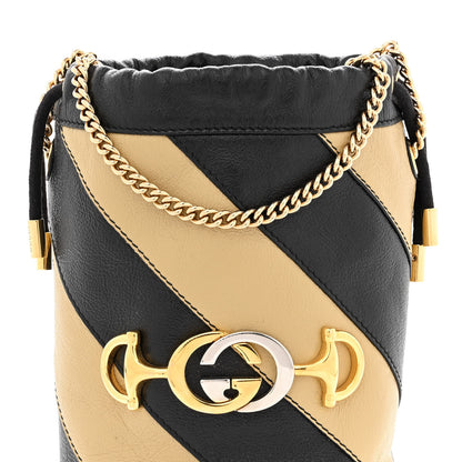 Gucci Calfskin Diagonal Striped Mini Zumi Bucket Bag Black Beige 8 of 12