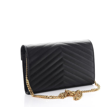 Saint Laurent Grain De Poudre Matelasse Chevron Monogram Chain Wallet Black 3 of 8