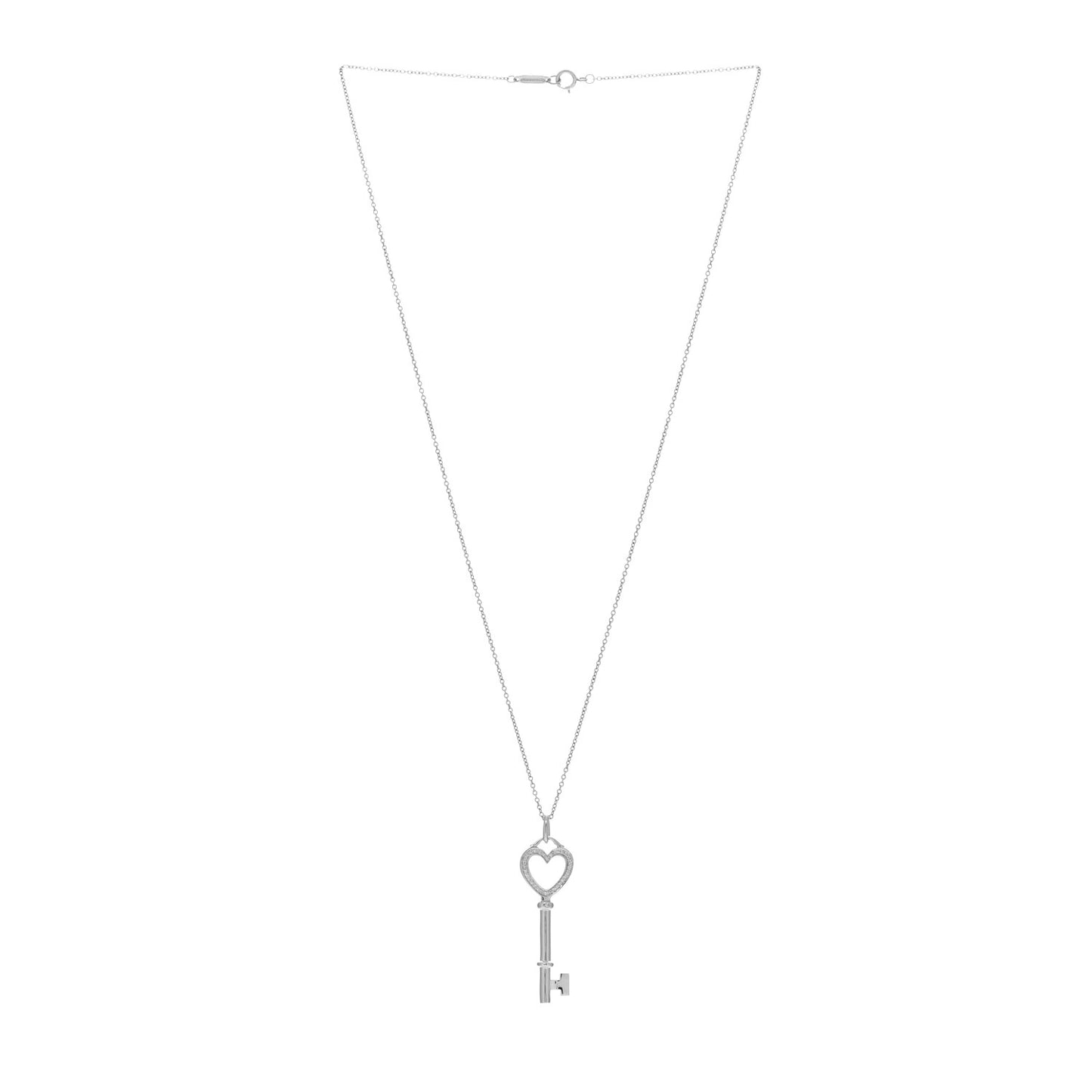 18K White Gold Diamond Mini Heart Key Charm Pendant Link Necklace