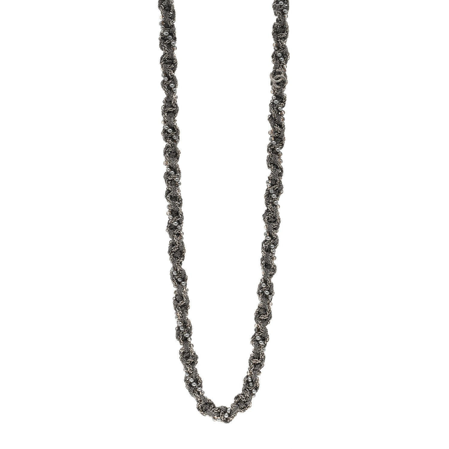 Chanel Multi Chain Braided Pearl Long Necklace Silver 1 of 5