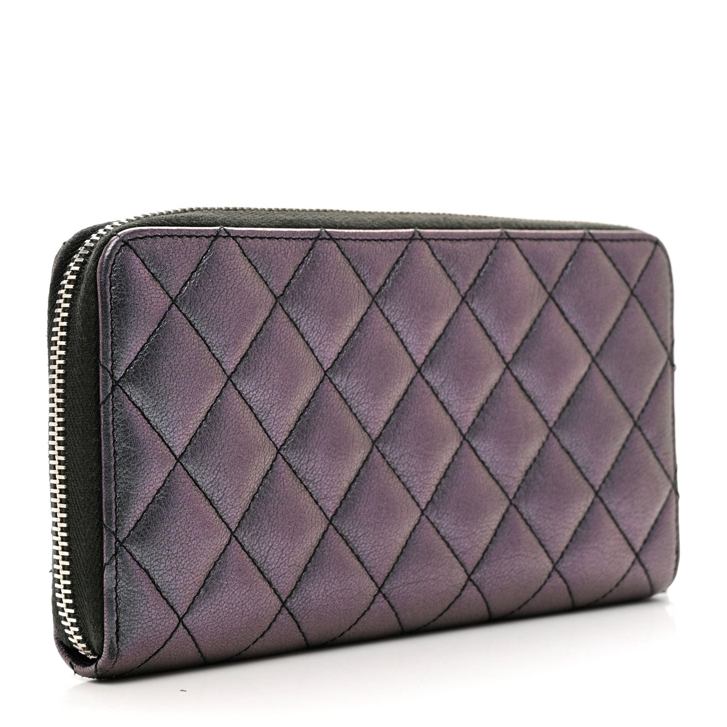 Iridescent Goatskin Quilted Large Zip Around Wallet Purple