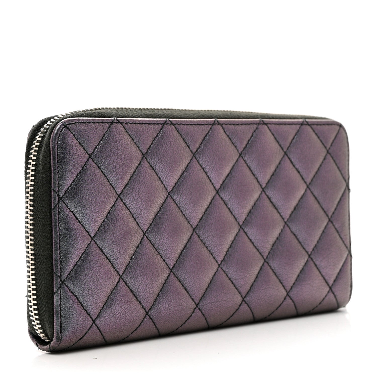 Chanel Iridescent Goatskin Quilted Large Zip Around Wallet Purple 3 of 9