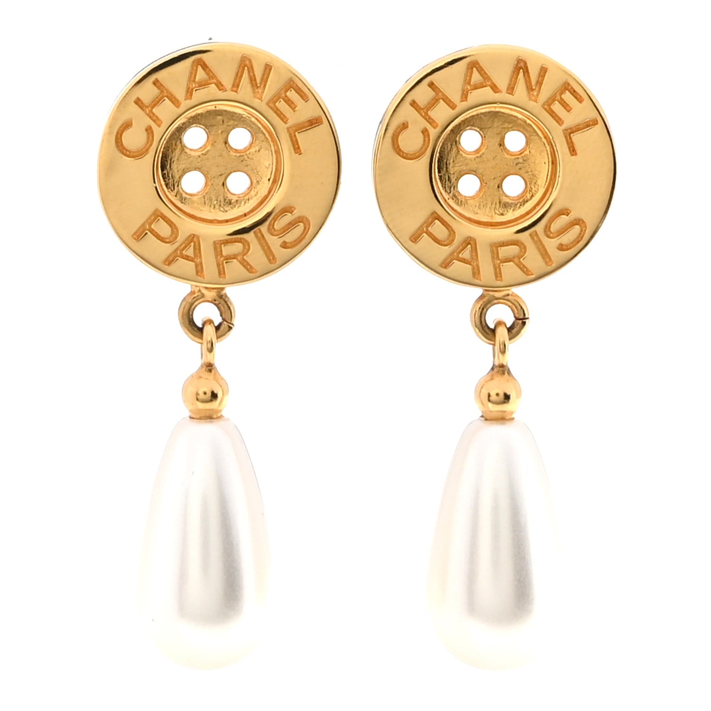 Metal Pearl Paris Button Drop Earrings Gold