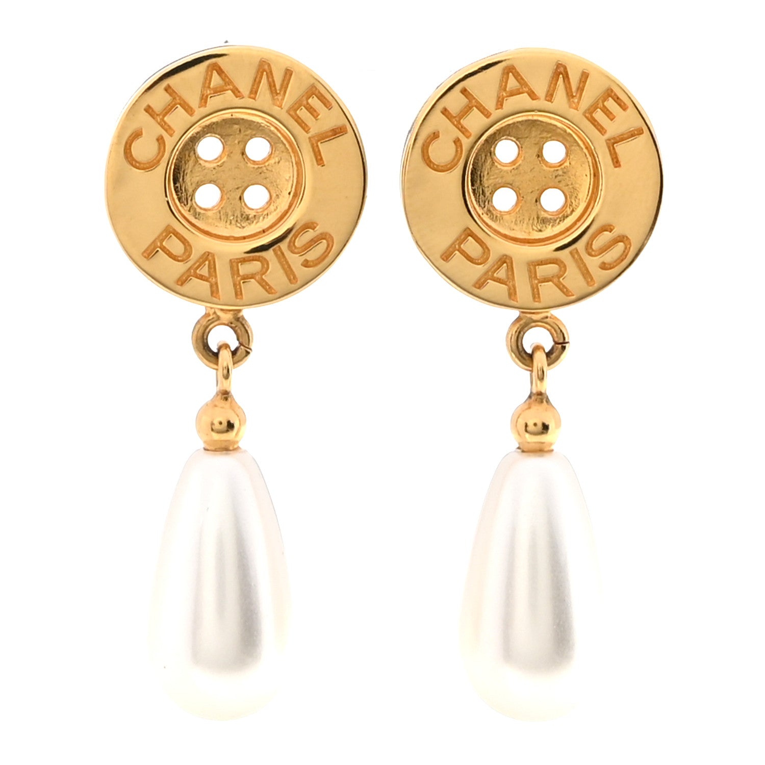 Chanel Metal Pearl Paris Button Drop Earrings Gold 1 of 5