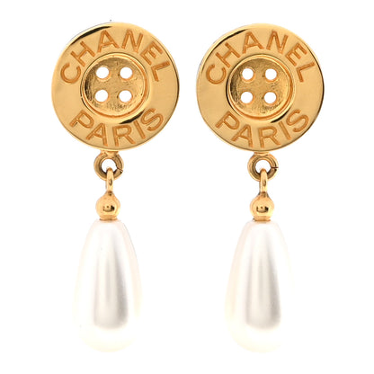Chanel Metal Pearl Paris Button Drop Earrings Gold 1 of 5
