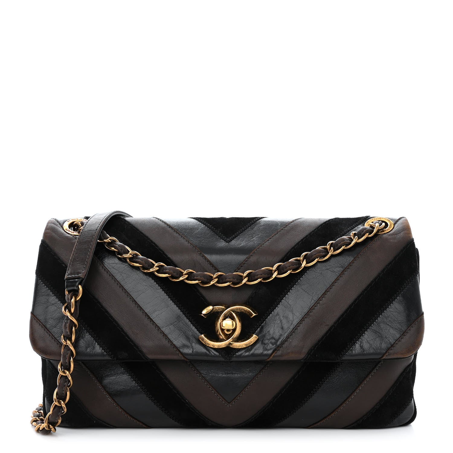 Chanel Suede Lambskin Glazed Calfskin Lady Vintage Chevron Flap Black Brown 1 of 11