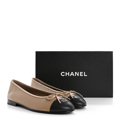 Chanel Lambskin Cap Toe CC Ballerina Flats 39 Beige Black 10 of 10