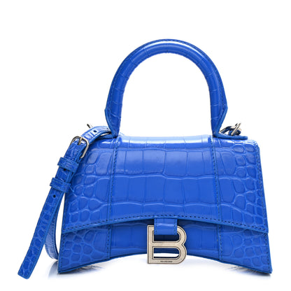 Balenciaga Shiny Calfskin Crocodile Embossed Hourglass Top Handle Bag XS Royal Blue 1 of 13