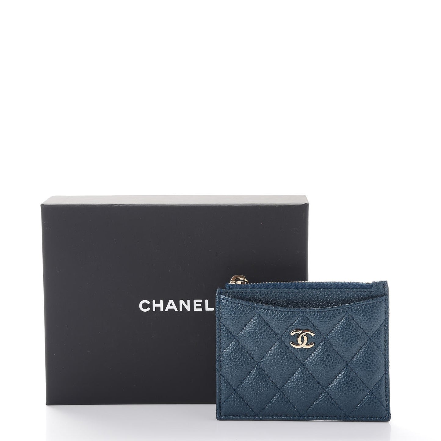 Metallic Caviar Quilted CC Zip Card Holder Dark Blue