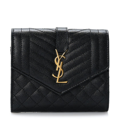 Saint Laurent Grain De Poudre Mixed Matelasse Triquilt Monogram Compact Tri Fold Wallet Black 1 of 14