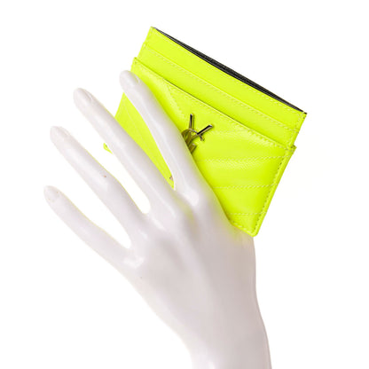 Saint Laurent Patent Grain De Poudre Matelasse Chevron Monogram Credit Card Case Neon Yellow 2 of 8