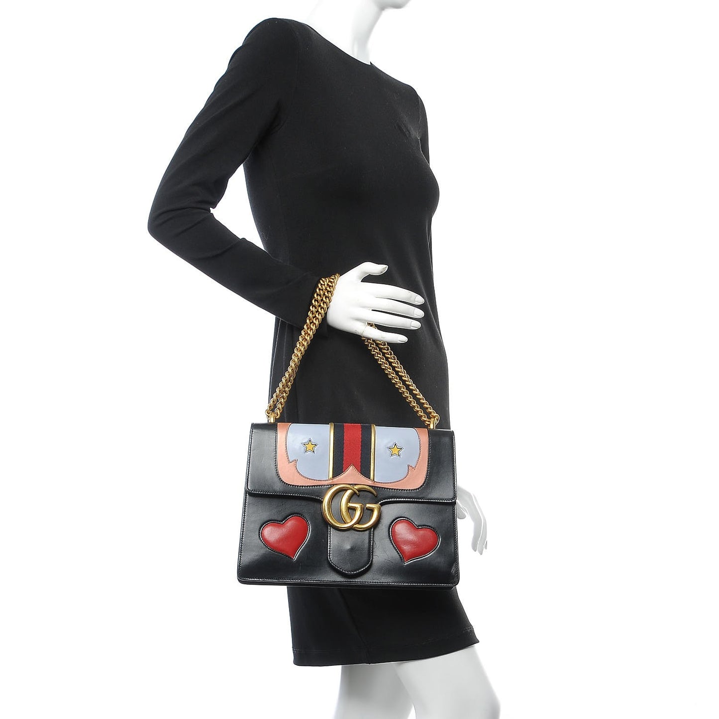 Calfskin Web Heart Medium GG Marmont Chain Handle Bag Black
