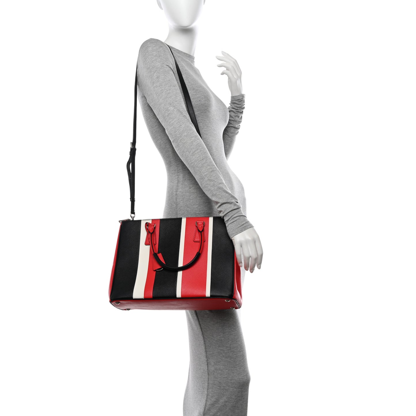 Saffiano Baiadera Striped Medium Galleria Double Zip Tote Black Fuoco White