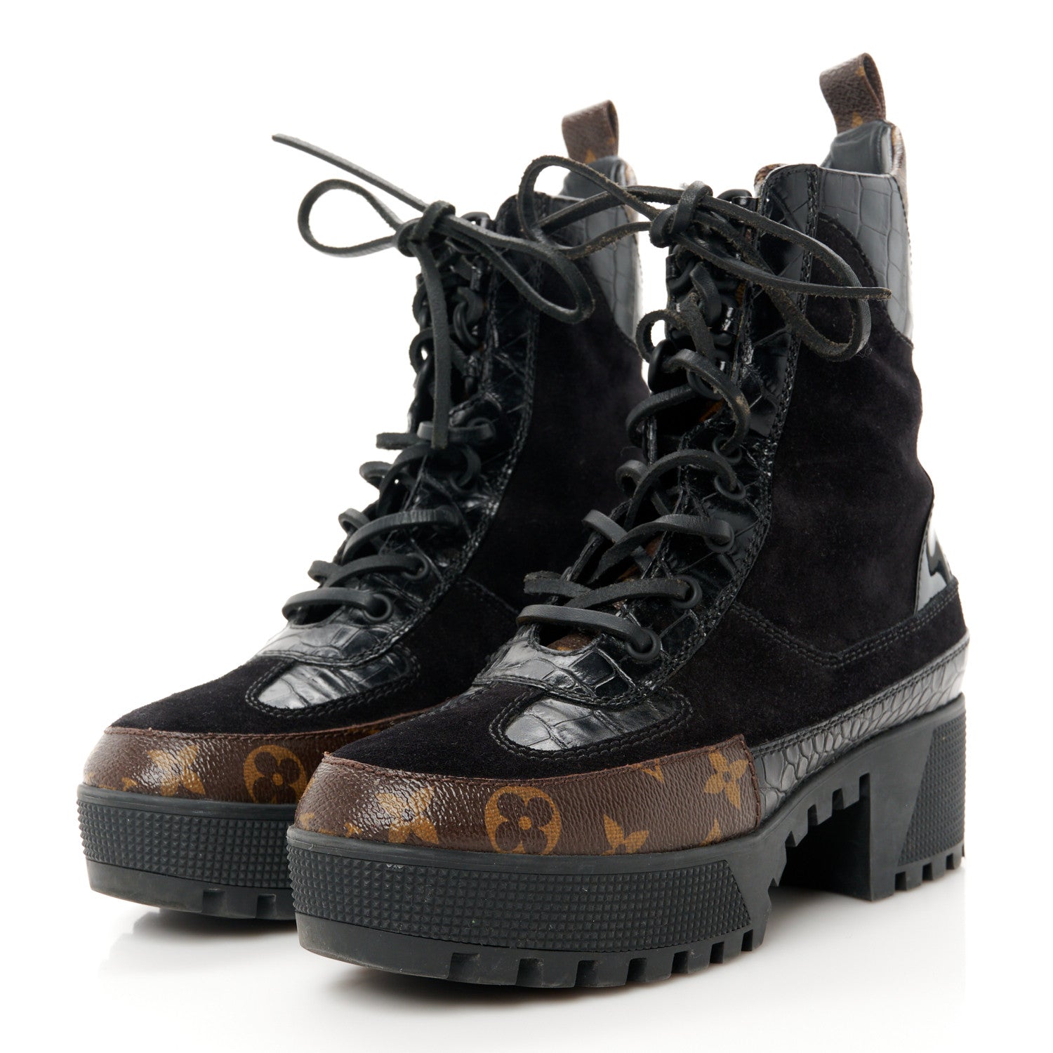 Louis Vuitton Suede Calfskin Crocodile Embossed Patent Monogram Laureate Platform Desert Boots 38 Black 3 of 8