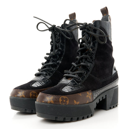 Louis Vuitton Suede Calfskin Crocodile Embossed Patent Monogram Laureate Platform Desert Boots 38 Black 3 of 8