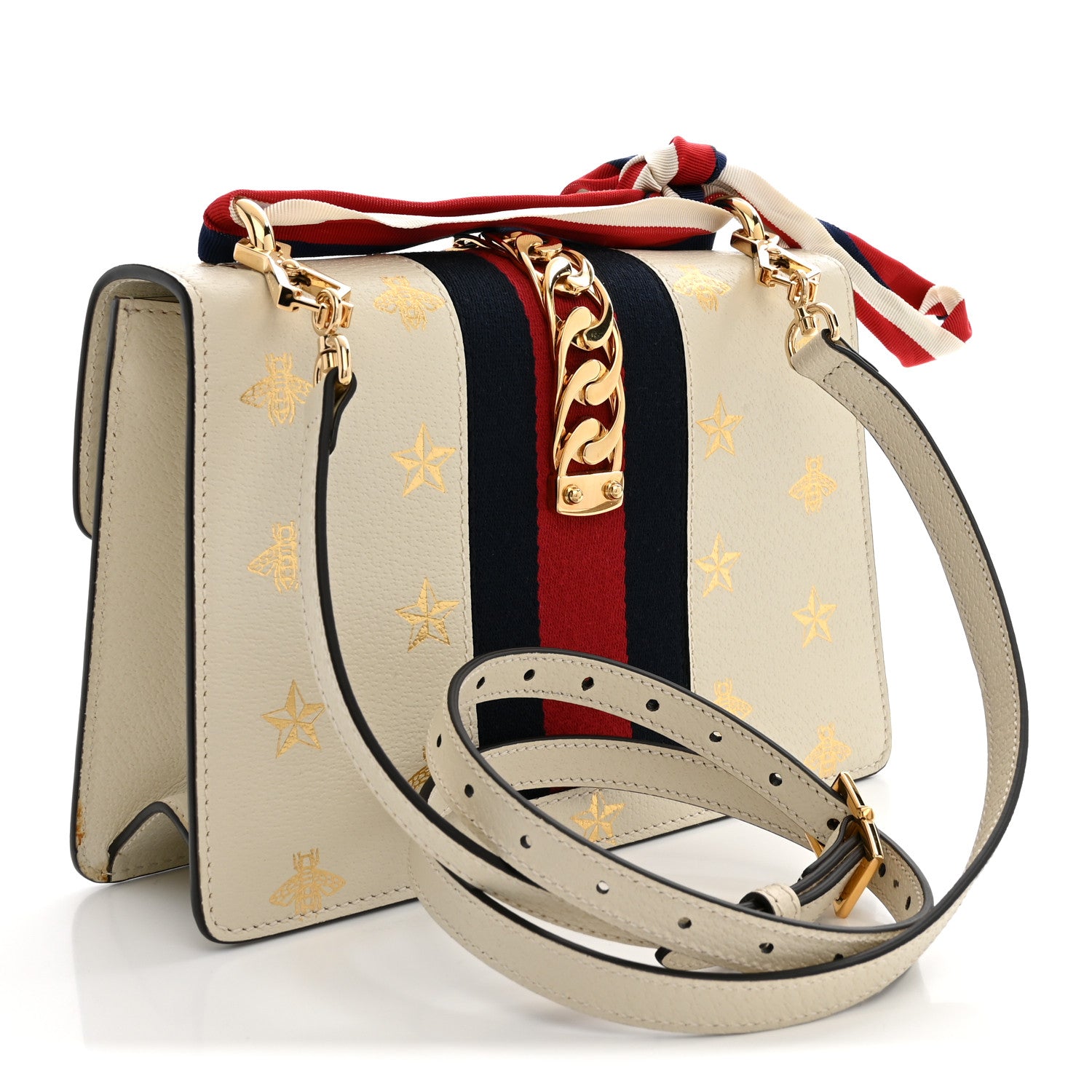 Gucci Textured Calfskin Bee Star Print Small Sylvie Shoulder Bag Mystic White 3 of 14