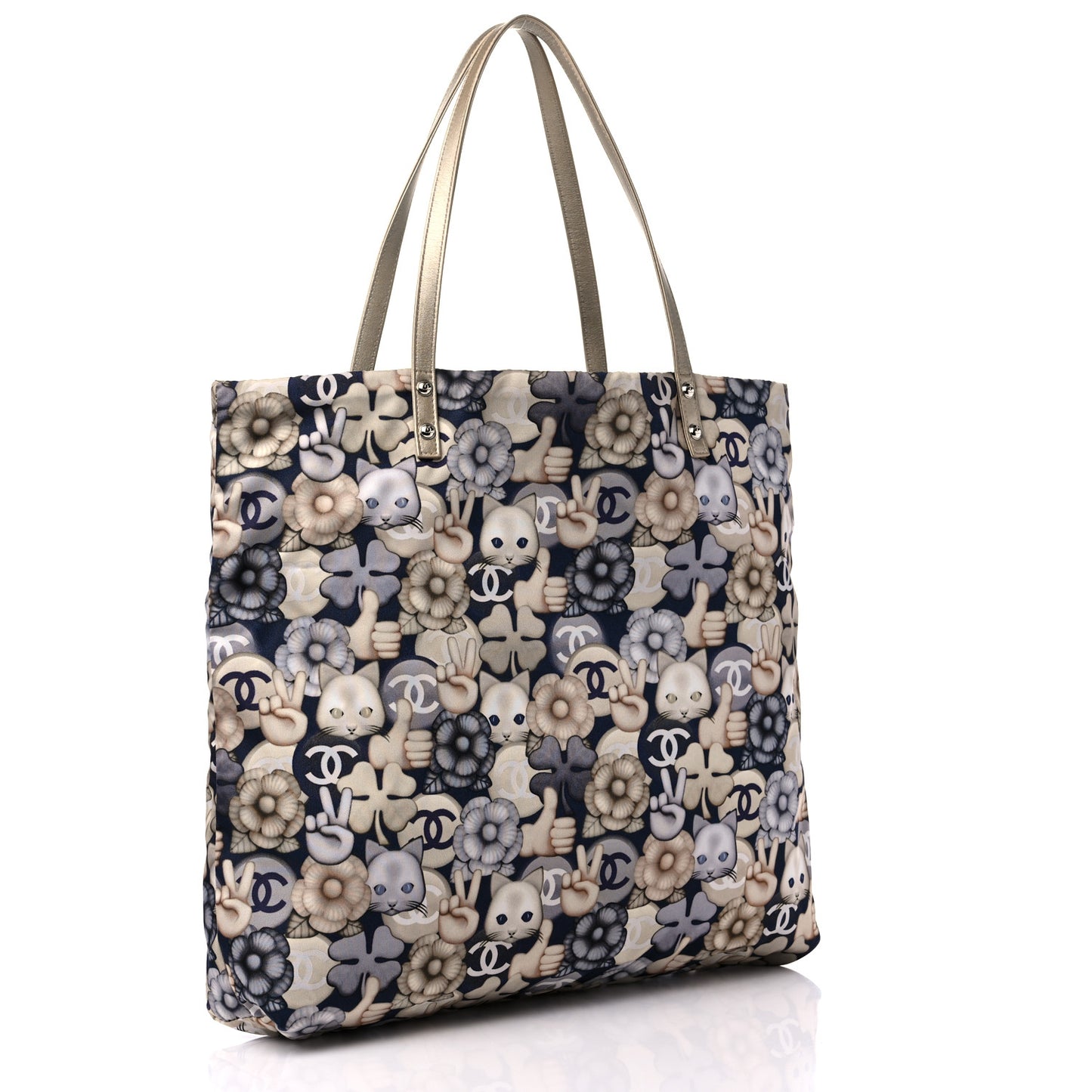 Nylon Cat Emoticon Tote Navy Gold