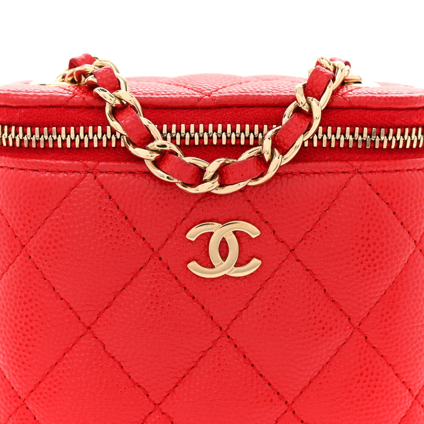 Caviar Quilted Small Vertical Coco Beauty Vanity Case With Chain Red