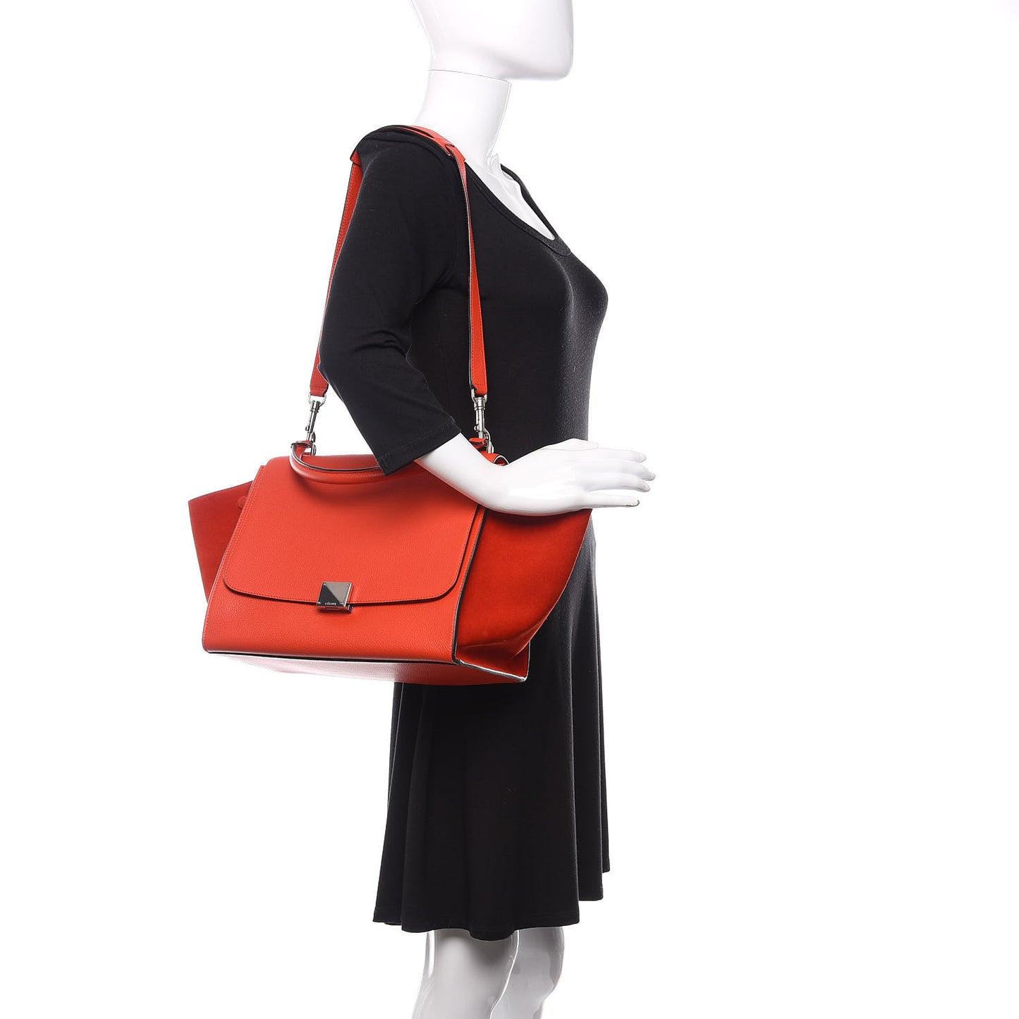 Drummed Calfskin Suede Medium Trapeze Vermillion