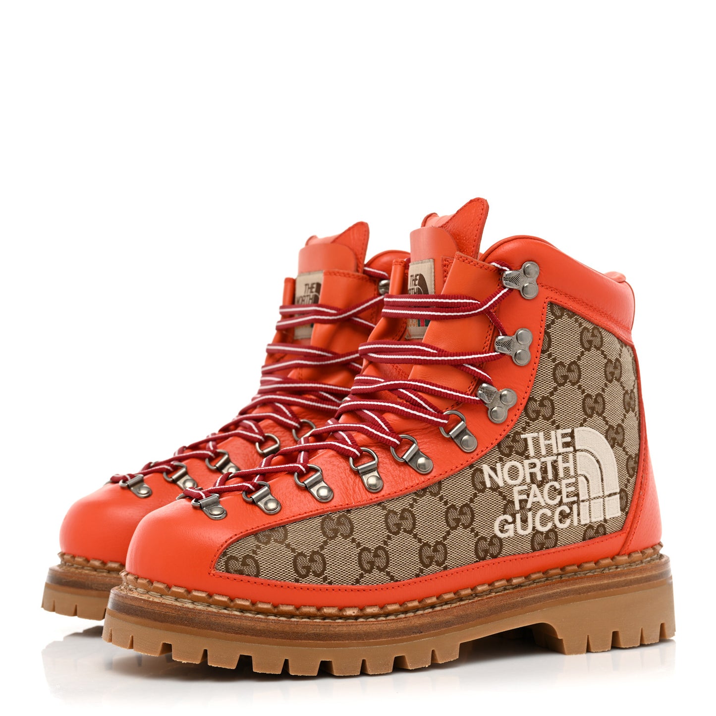 X THE NORTH FACE Monogram Textured Calfskin Mens Hiking Ankle Boots 7 Beige Ebony Deep Orange