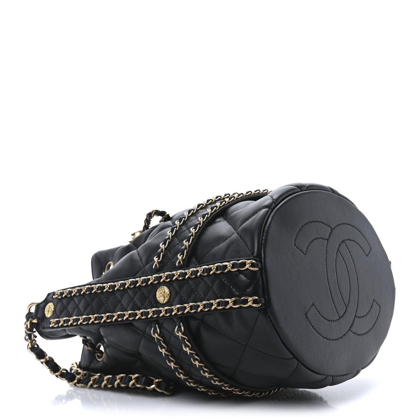 Lambskin Quilted Chain Bucket Drawstring Bag Black
