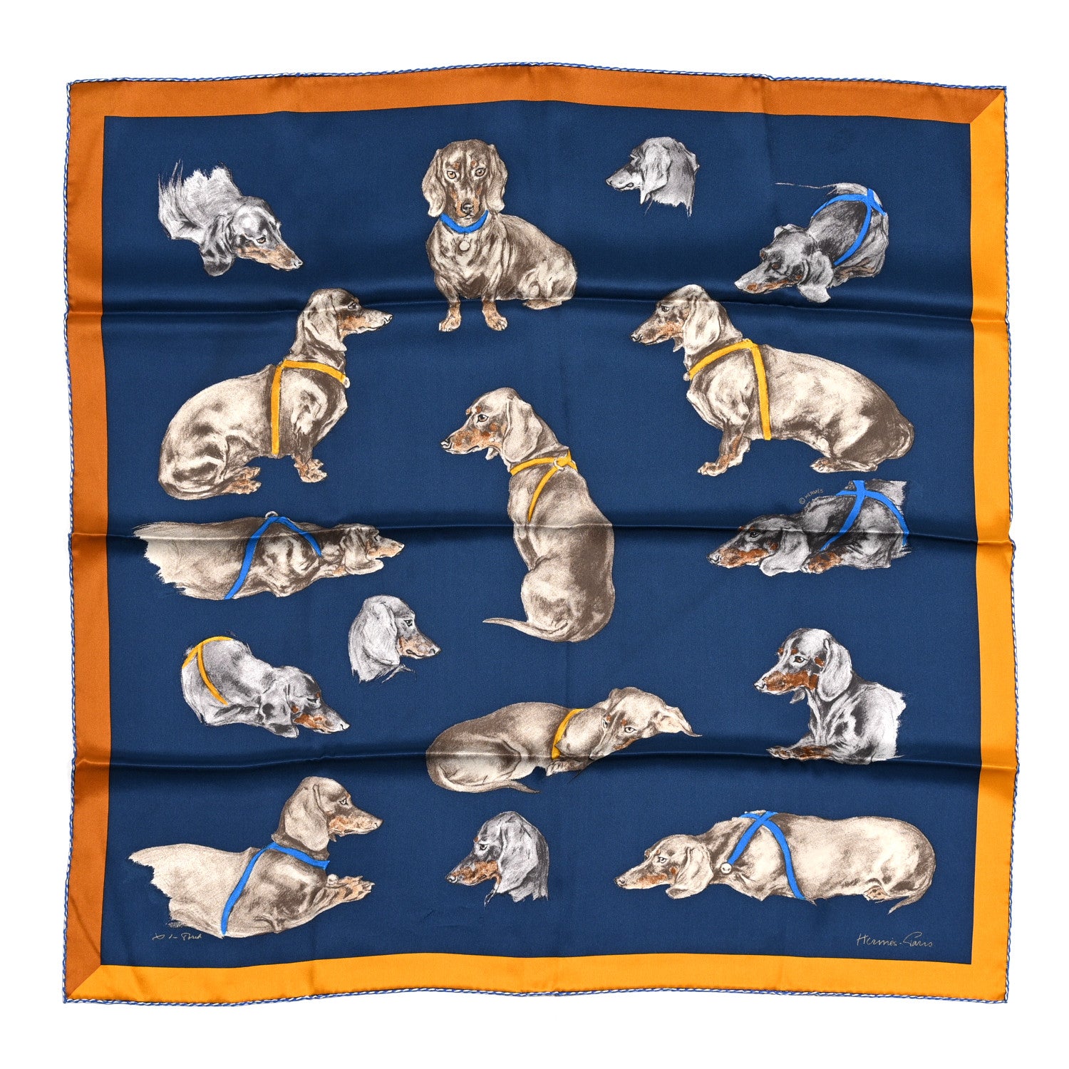 Hermes Silk Les Bassets Scarf 70 Marine Sepia 1 of 6