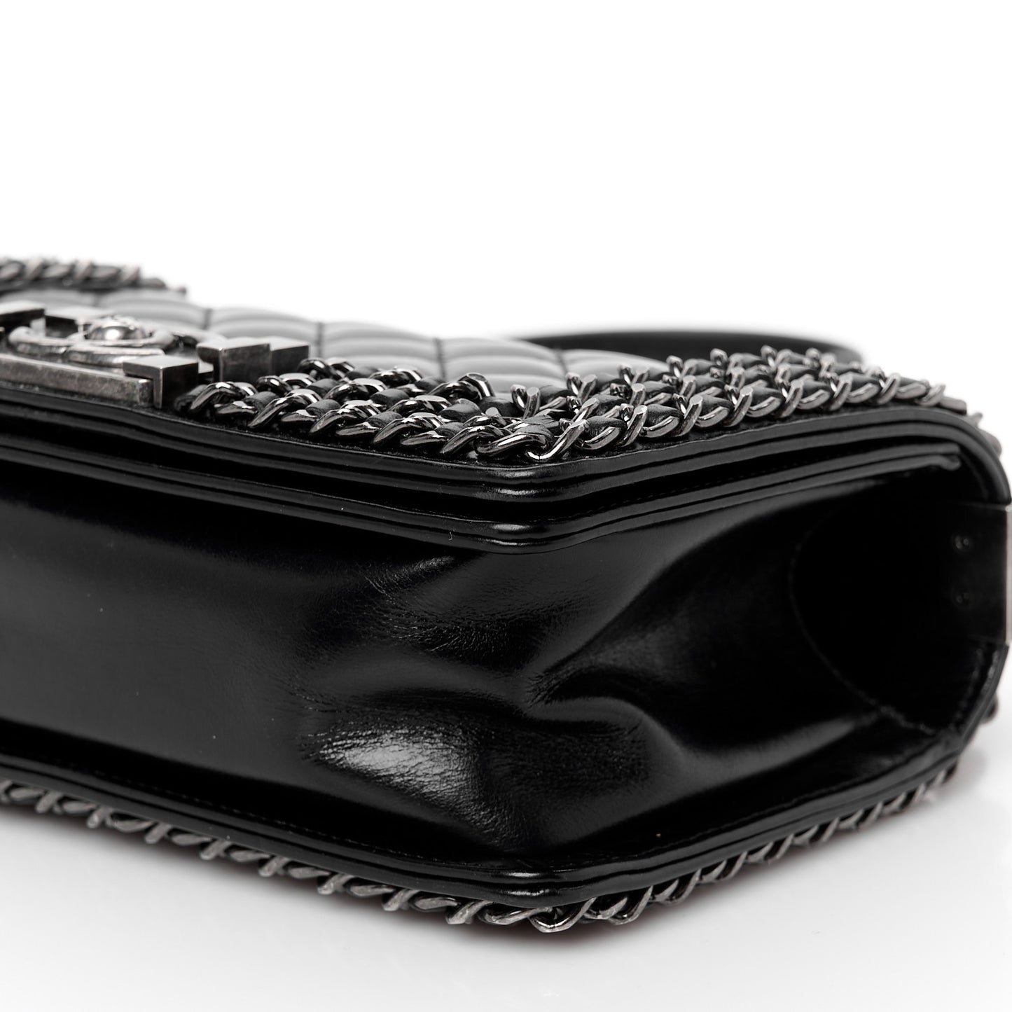 Glazed Calfskin Quilted Small Boy Chained Flap Black