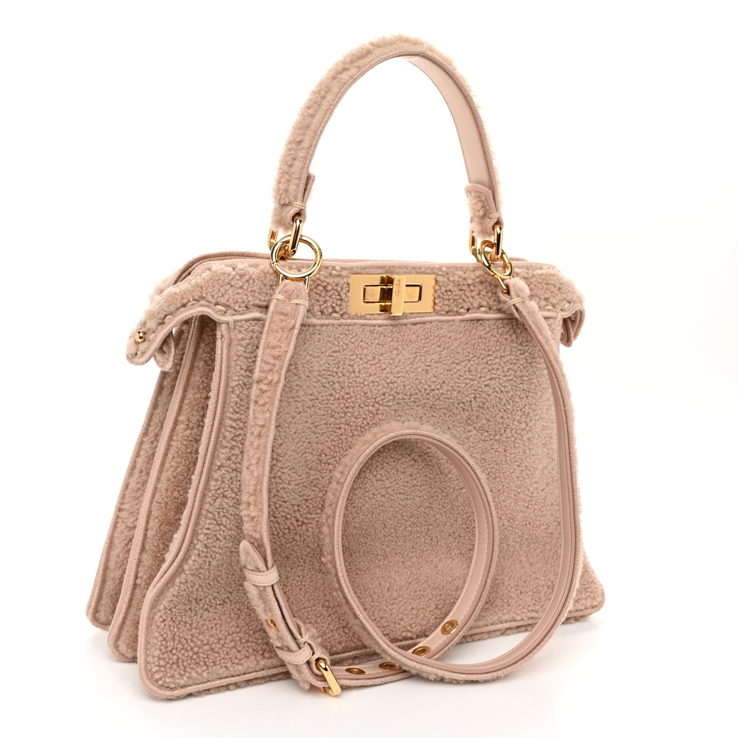 Fendi Curly Shearling Shiny Nappa Medium Peekaboo I SEE U Satchel Rosa Plaster 3 of 12