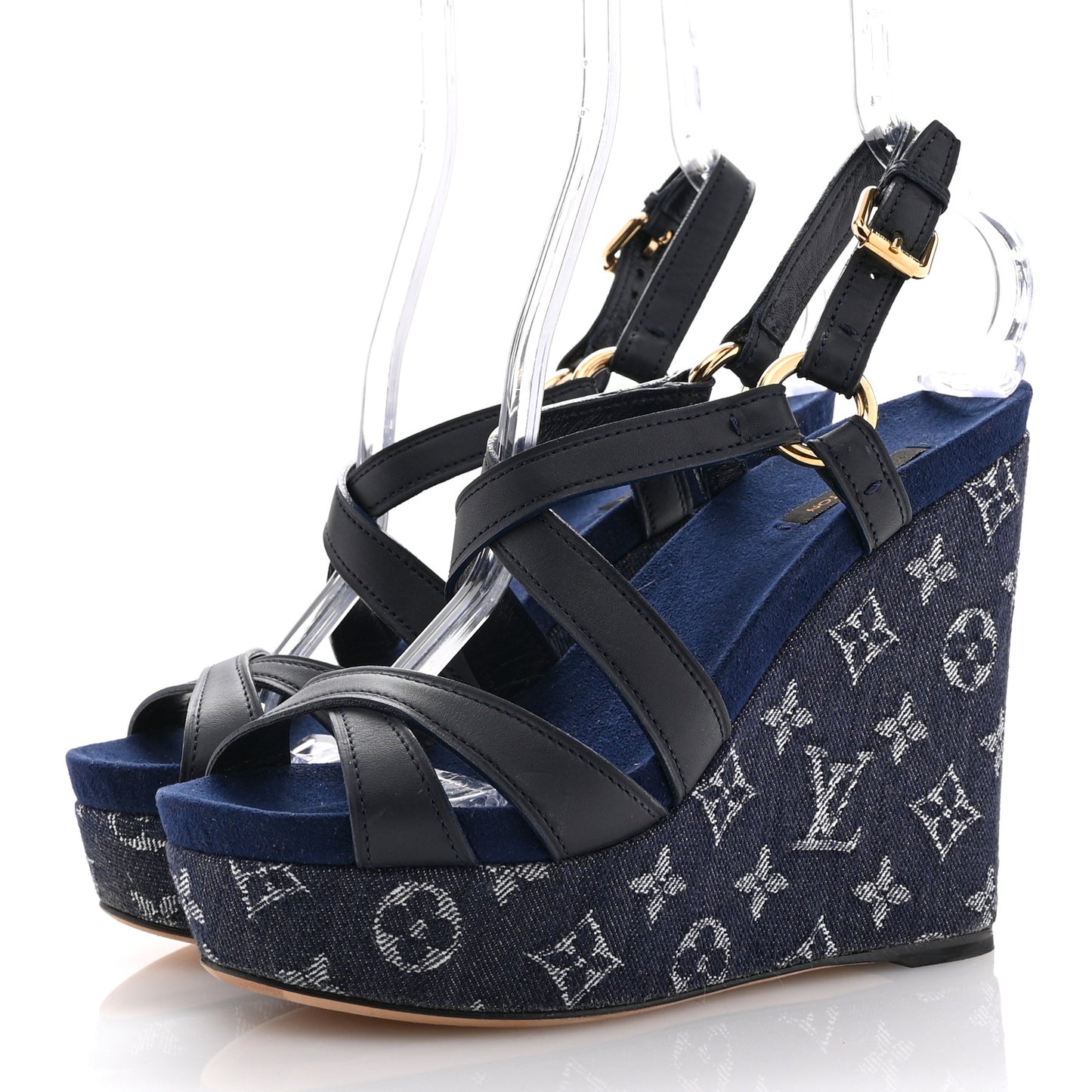 Calfskin Monogram Denim Ocean Wedge Sandals 39 Blue