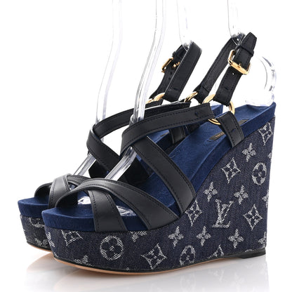Louis Vuitton Calfskin Monogram Denim Ocean Wedge Sandals 39 Blue 4 of 9