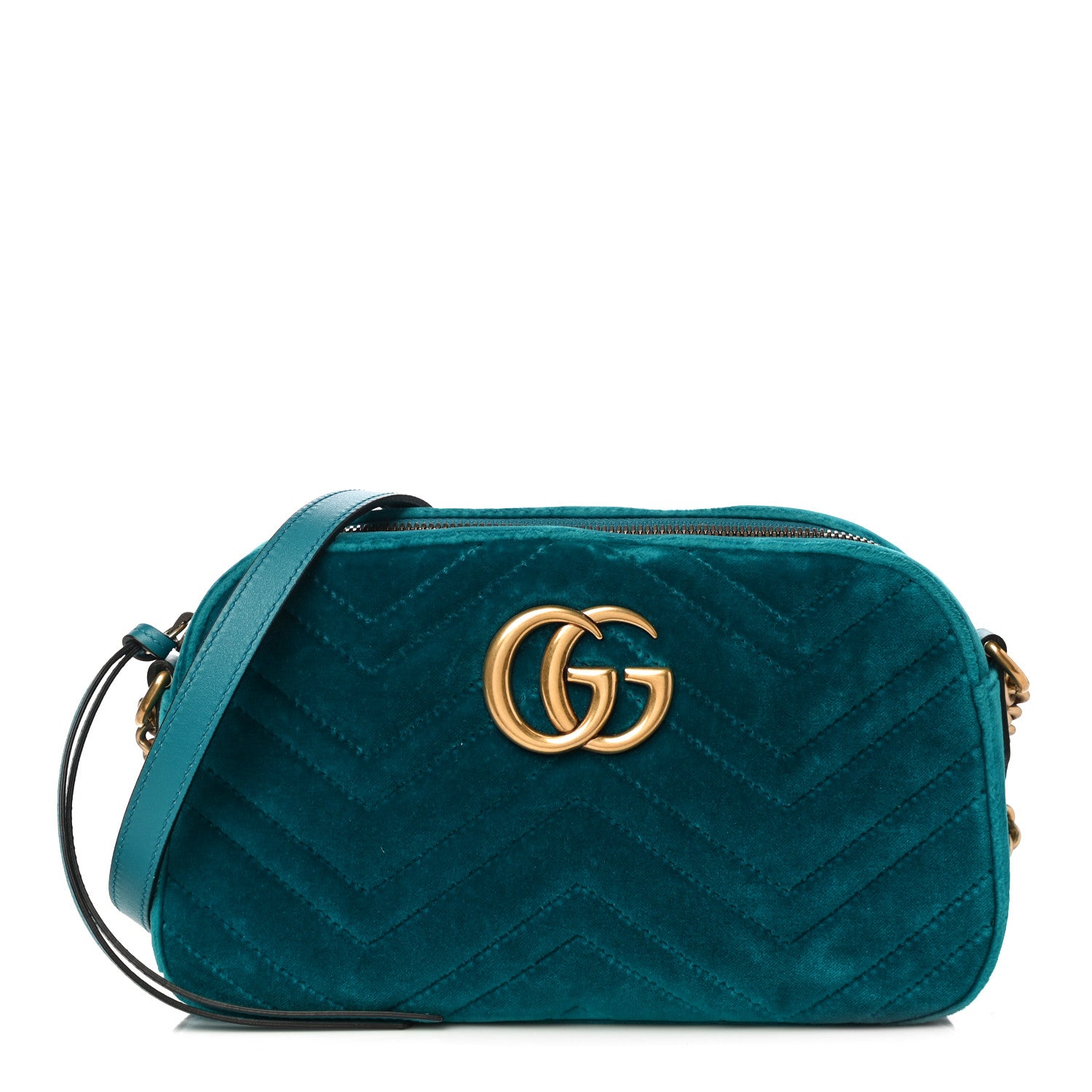 Gucci Velvet Matelasse Small GG Marmont Chain Shoulder Bag Pavone Cyan 1 of 11
