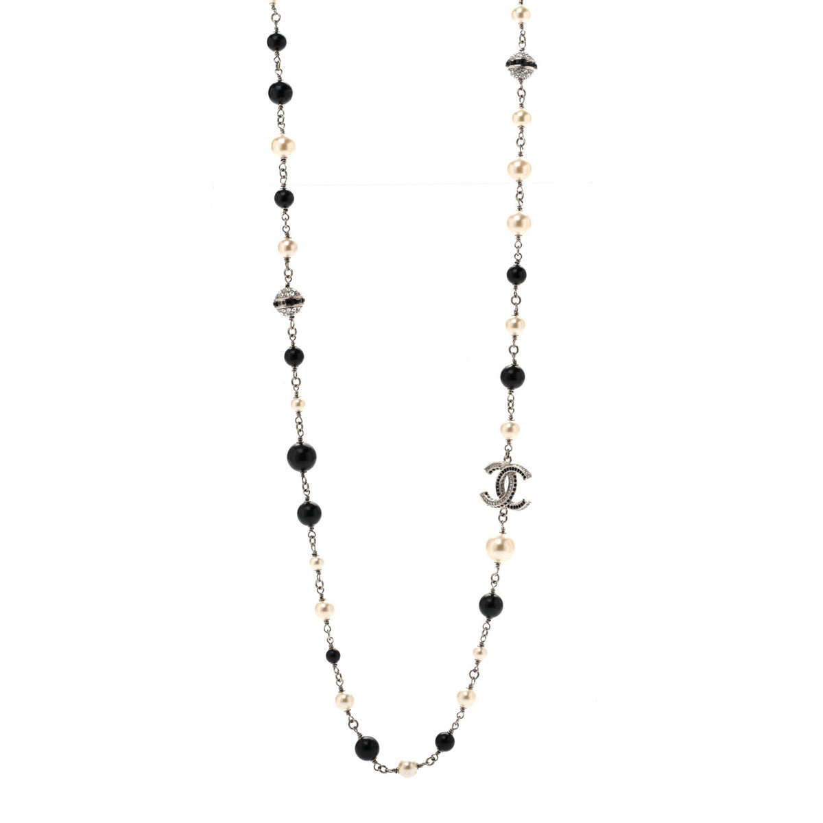 Chanel Metal Pearl Crystal Bead CC Long Necklace Silver Black 1 of 5