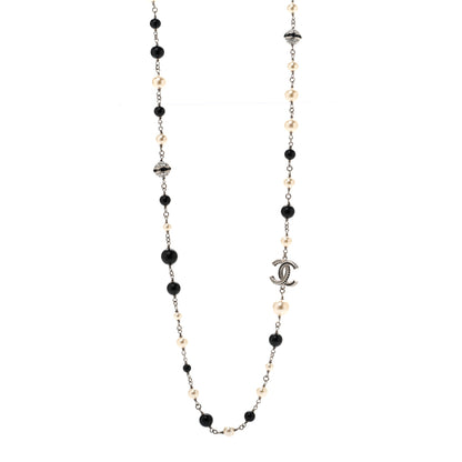 Chanel Metal Pearl Crystal Bead CC Long Necklace Silver Black 1 of 5