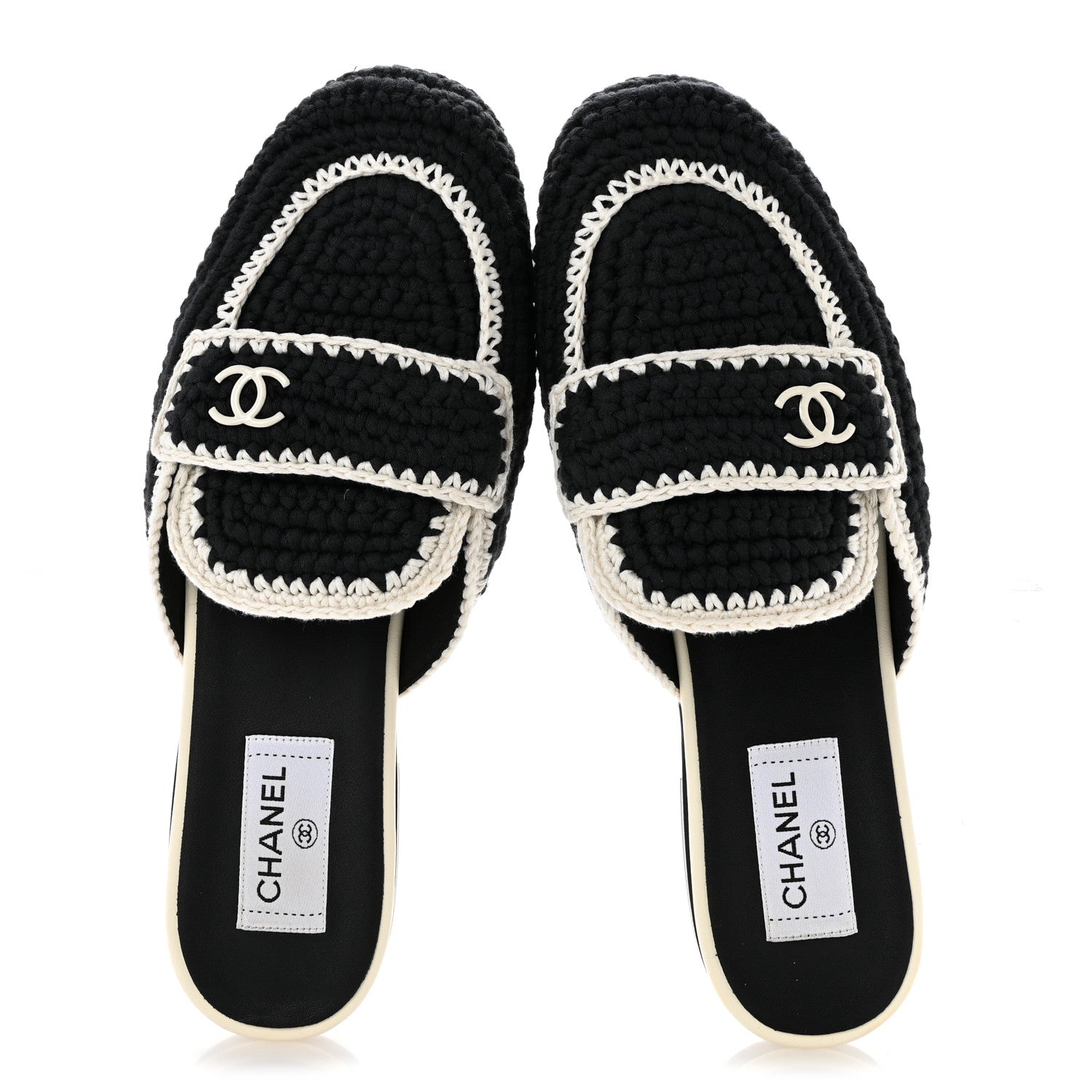 CHANEL ツイードコサージュ ブラック・ホワイト Chanel Crochet CC Mules 41 Black Ivory 1910981 – FASHIONPHILE