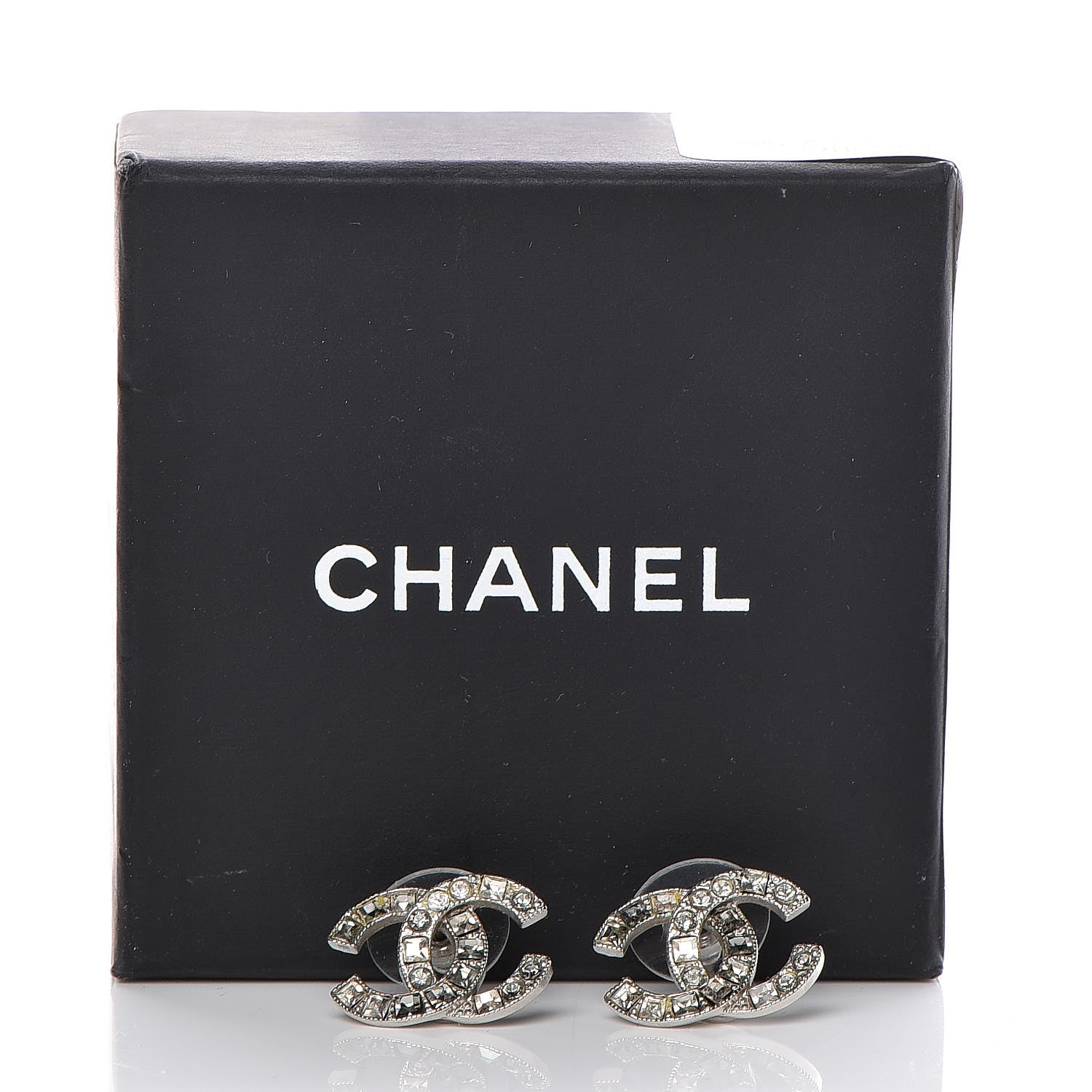 Chanel Baguette Crystal CC Earrings Silver Grey 5 of 5