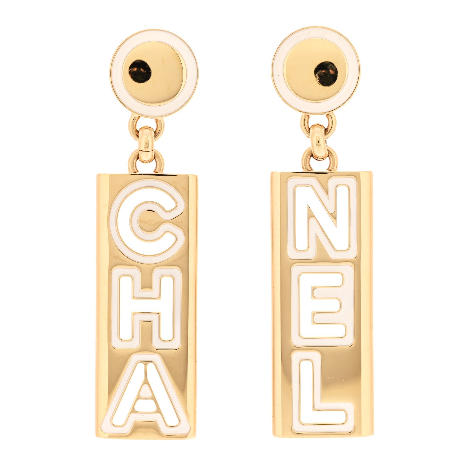 Chanel Metal Enamel Cha-Nel Logo Drop Earrings Gold Black 1 of 5